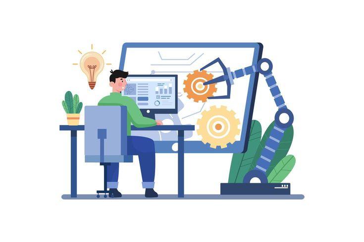 This may contain: a man sitting at a desk working on a computer with gears and lightbulbs